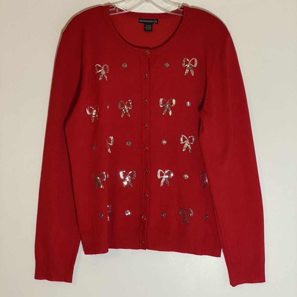 Esperanza Cardigan Sweater Womens XL Red Silver Bows Holiday‎ Valentines Knit